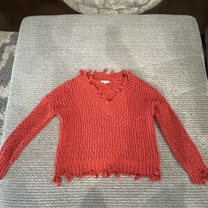 MIRACLE USA Women’s “torn/tatter” V-Neck Sweater in Rust